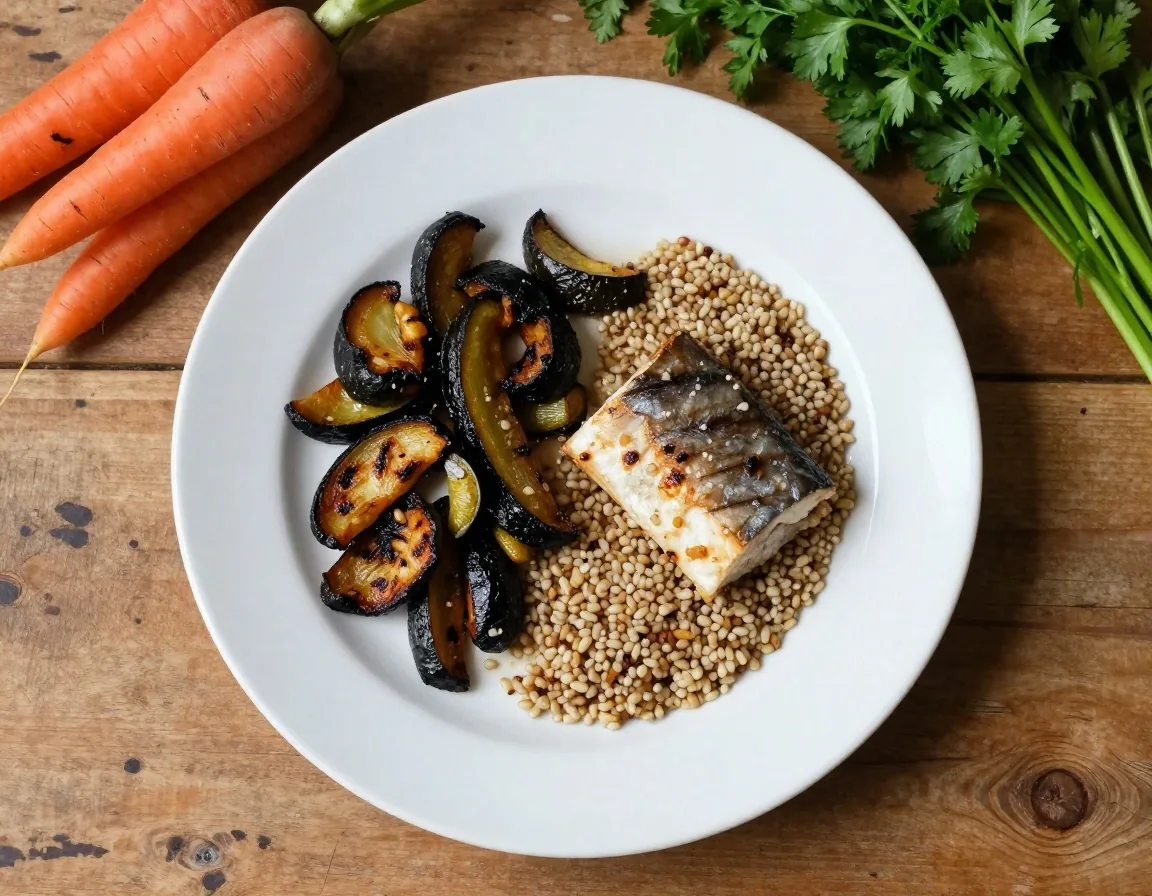 A plain plate and fresh produce on a kitchen counter photographed from above